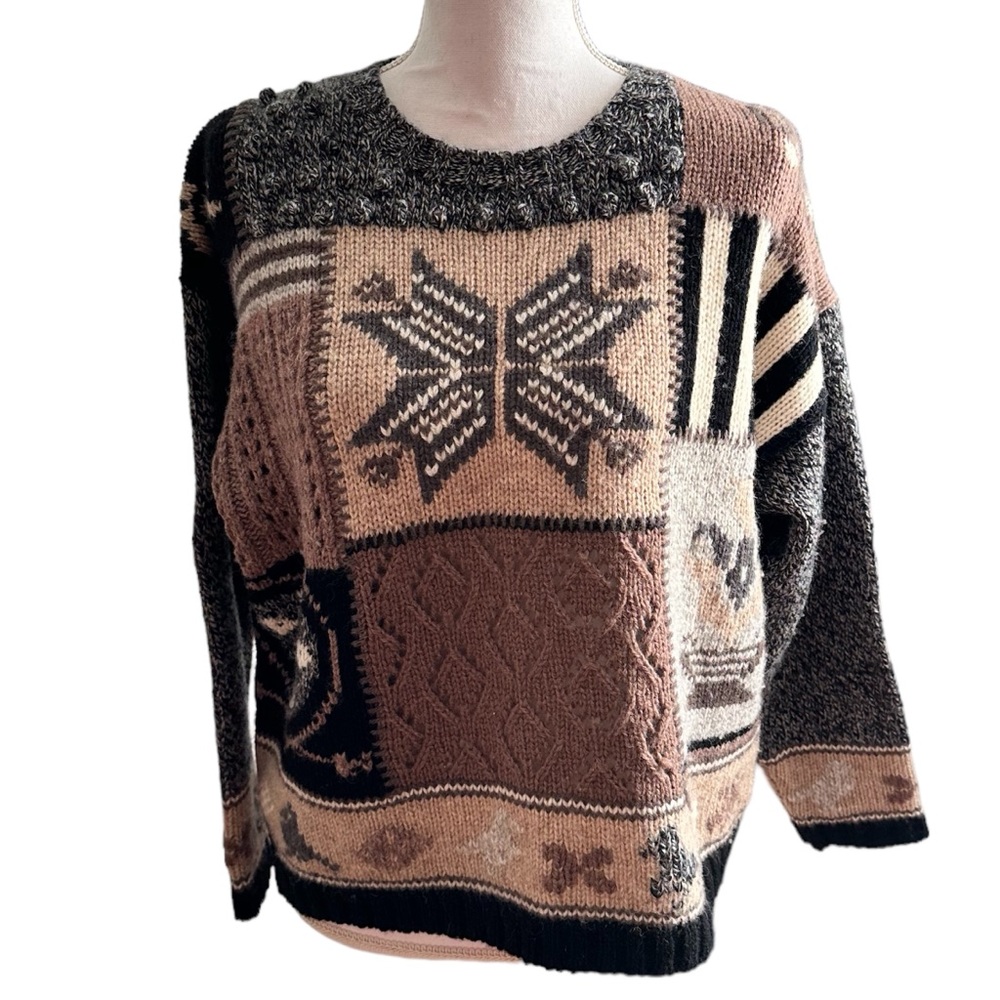 Eddie Bauer Color Block Nature Knit Wool Crewneck Sweater Medium